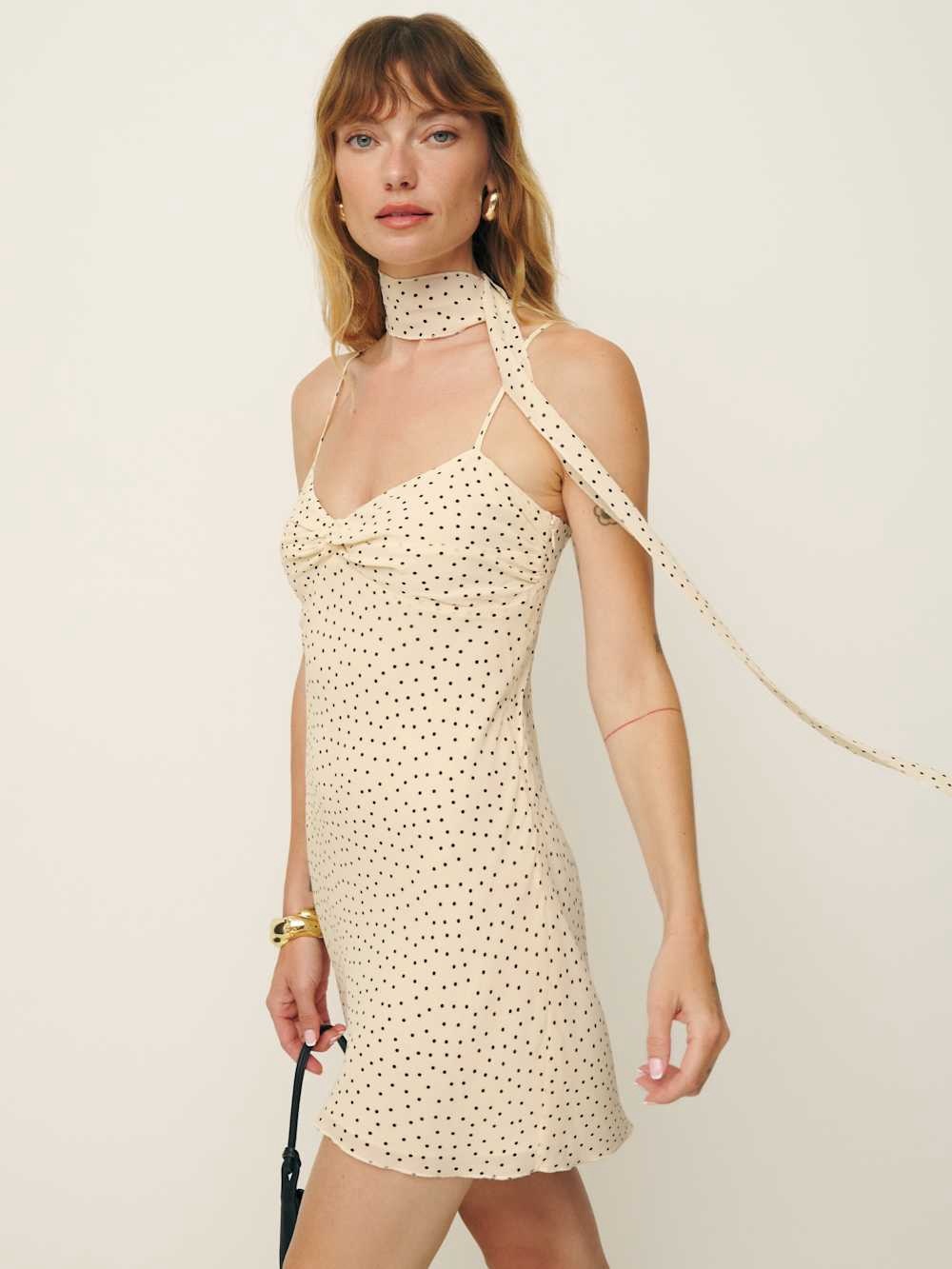 Reformation polka dot Iryna Dress Salt & Pepper + Scarf Size 4